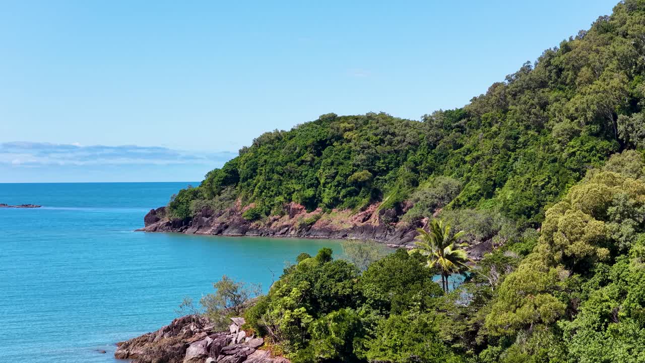 Drone camera smoothly rises above a vibrant rainforest coastline, revealing turquoise waters and rocky shoreline under bright daylight in Port Douglas, Australia