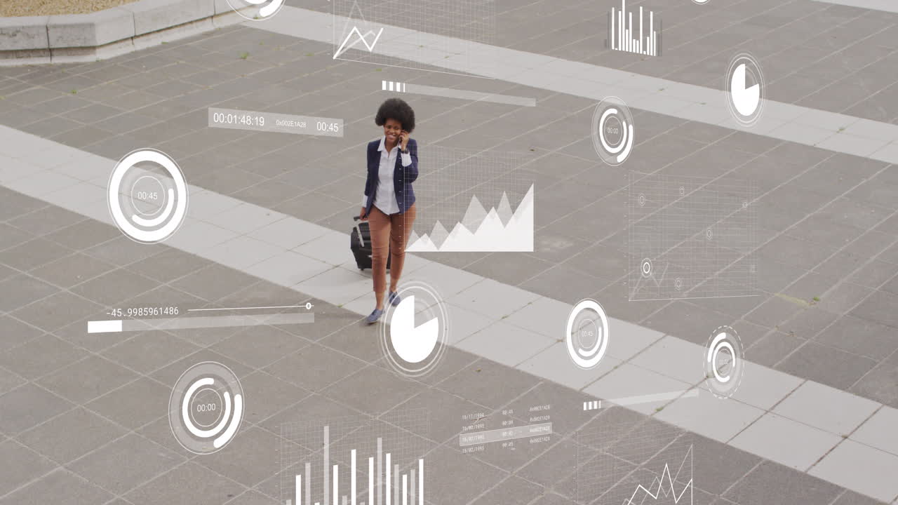 Animation of business data over african american woman using smartphone