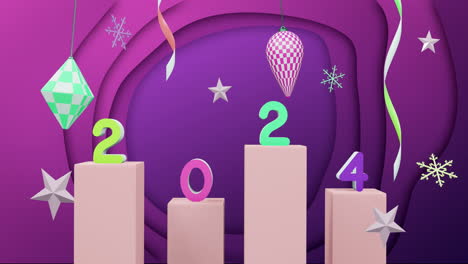 animación de decoraciones de navidad y el año 2024 en fondo púrpura