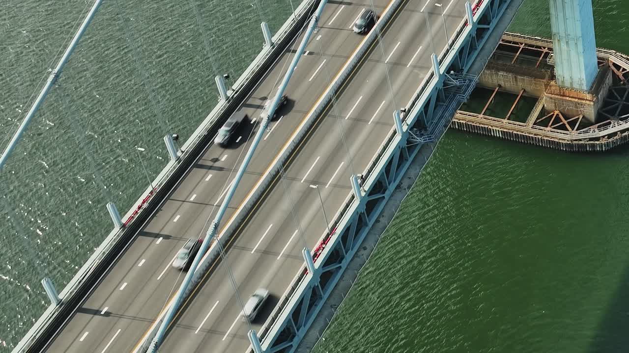 View of highway and bridge over water in New York from drone perspective