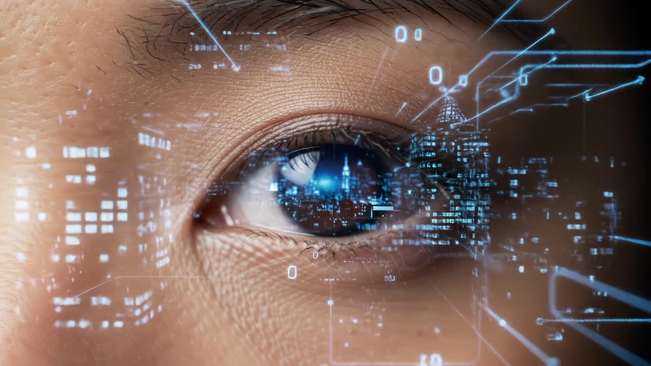 A Close-Up View of a Human Eye Enhanced with Digital Visuals, Reflecting a High-Tech Urban Environment and Futuristic Data Streams