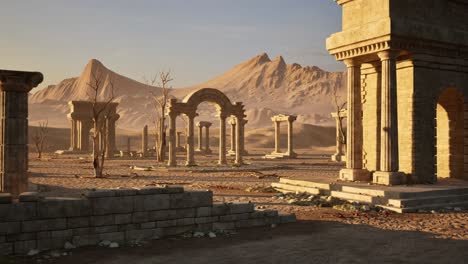 ancient greek hellenic temple ruins on desert arid environment with stones, pillars, ruined walls and dead trees, 3d animation slow zoom out