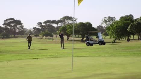 caucasian male golfers playing on a golf course on a sunny day
