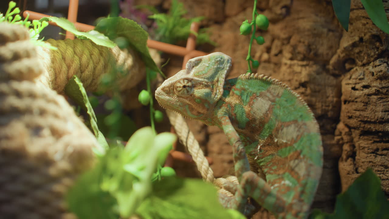 Chameleon perches on natural rope, perfectly camouflaged in vibrant green and brown tones matching jungle habitat as seed-like plants hang nearby, blending harmoniously with lush environment