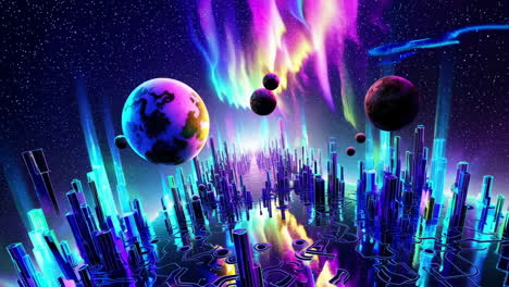 neon futuristic cityscape with aurora and planets in space