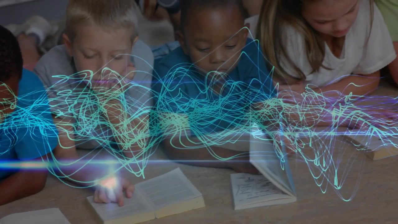 Children reading books while waveform drifting from left over pages and teacher guiding learning