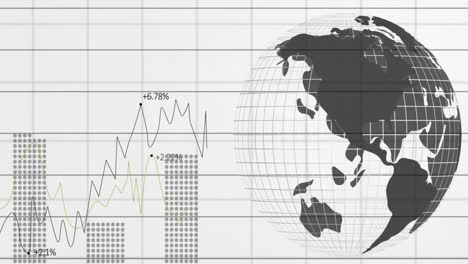 Digital-animation-of-financial-data-processing-and-spinning-globe-against-white-background