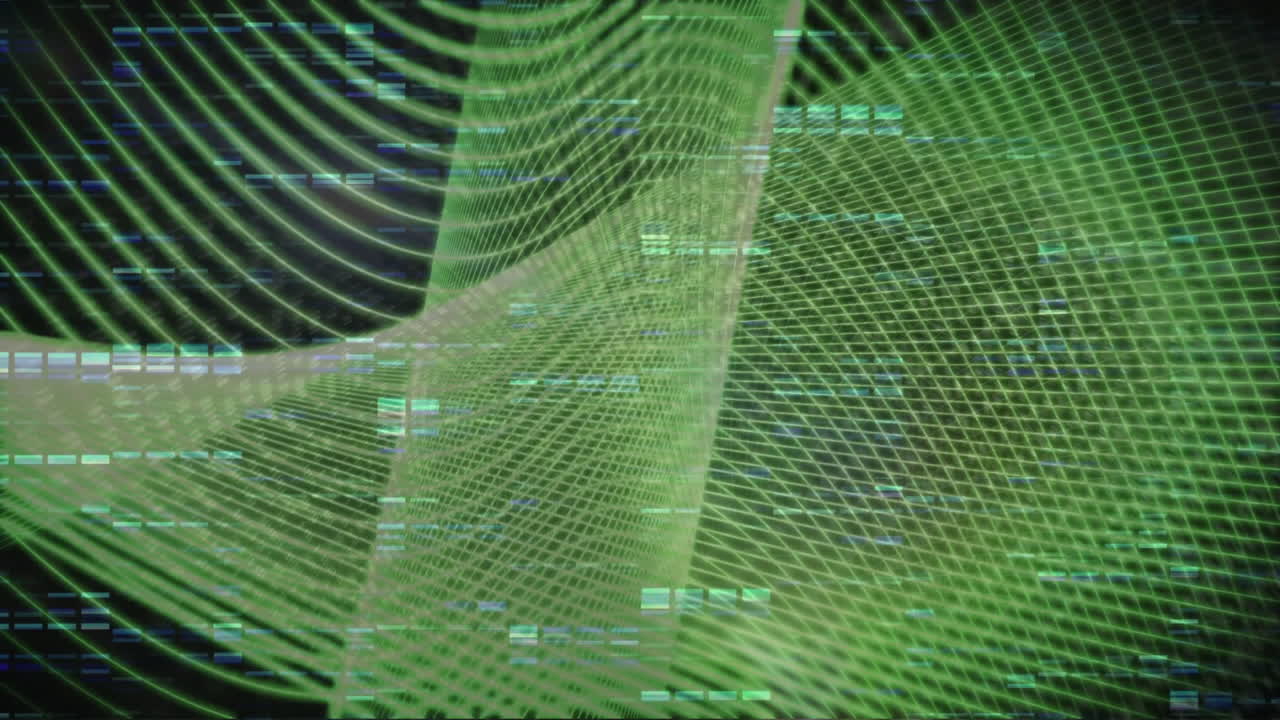 Animation of green network lines moving over data processing lights on dark background