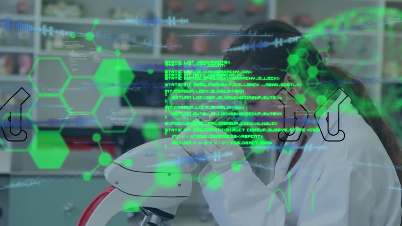 Animation of data processing over female student with microscope