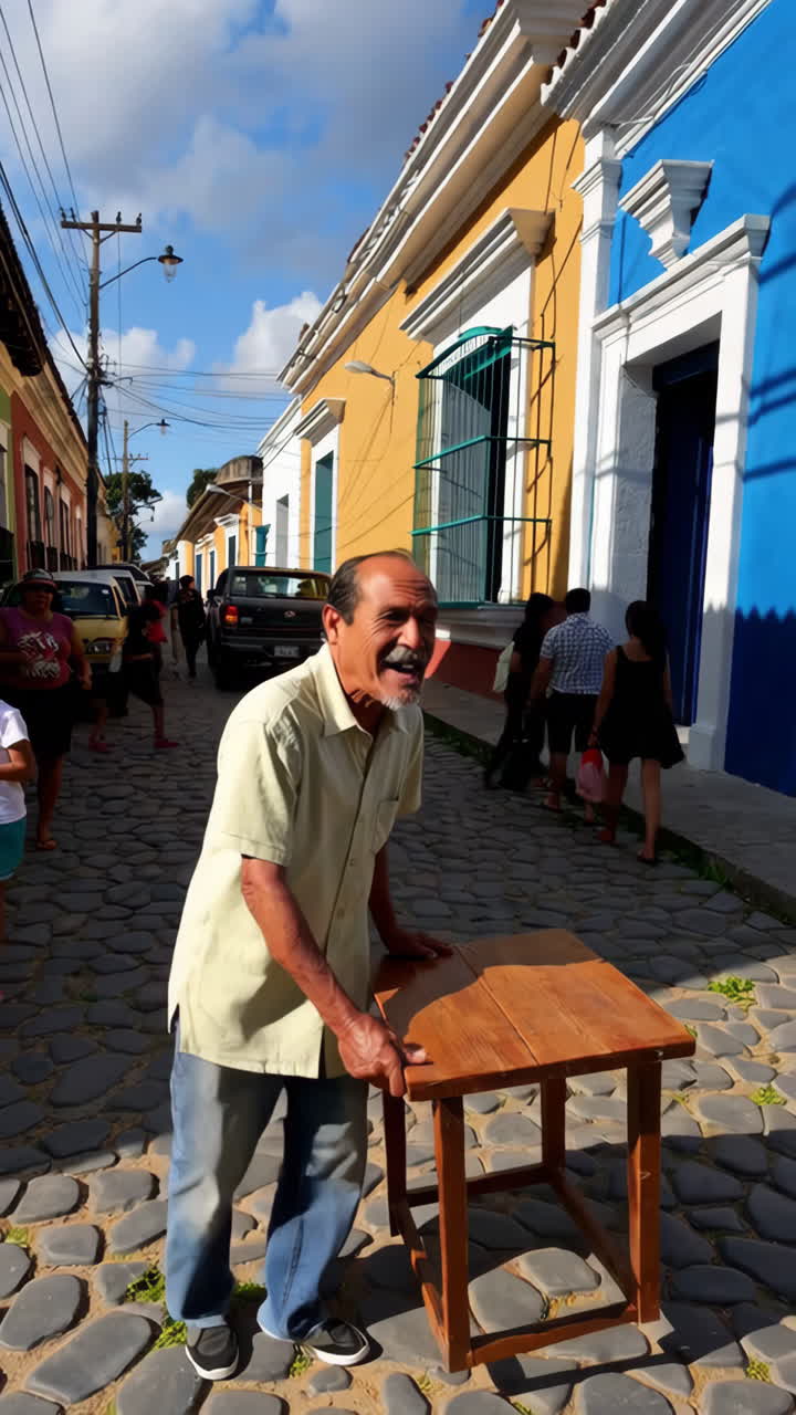 Man interacting with a table on a vibrant cobblestone street with people and colorful buildings