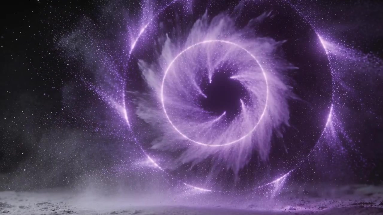 Fremvoksende lilla portal vokser over stenet slette, åbner mod et tomrum med spiralformet ring og tåge.