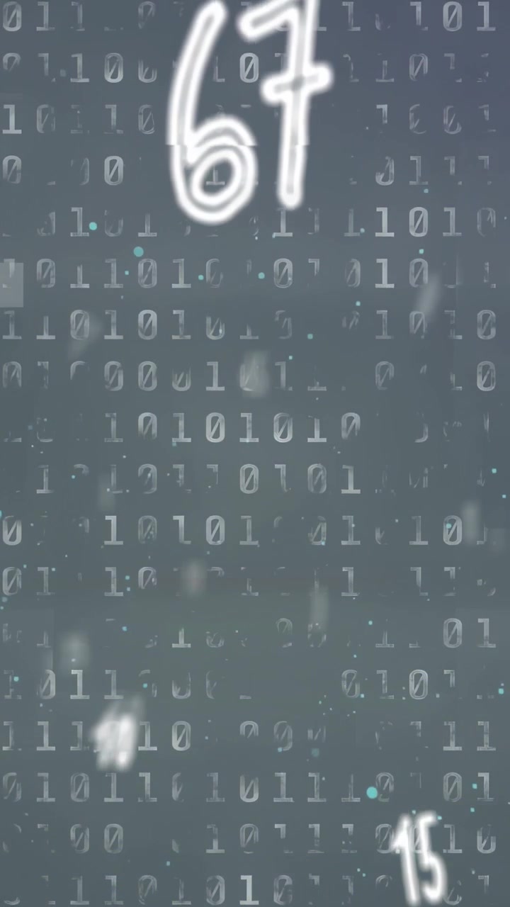 Vertical video: Binary matrix showing green bar causing 67 emerging numerals drifting showing data