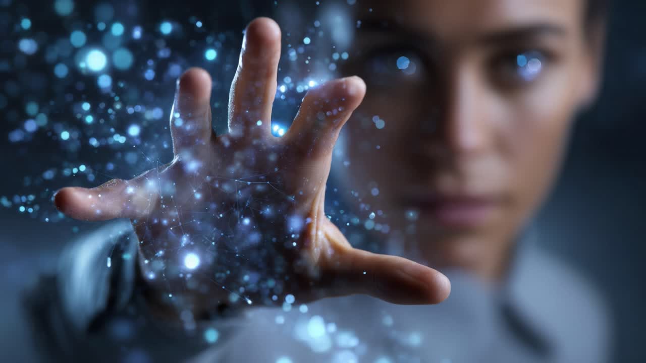 Um indivíduo poderoso manipula energia digital com uma mão estendida, exibindo sua conexão com a tecnologia e o universo digital num visual impressionante