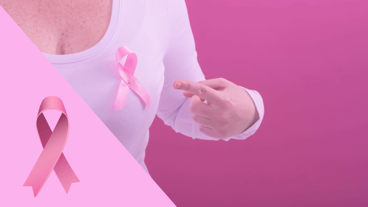 animación de cinta rosa de cáncer de mama sobre una mujer caucásica