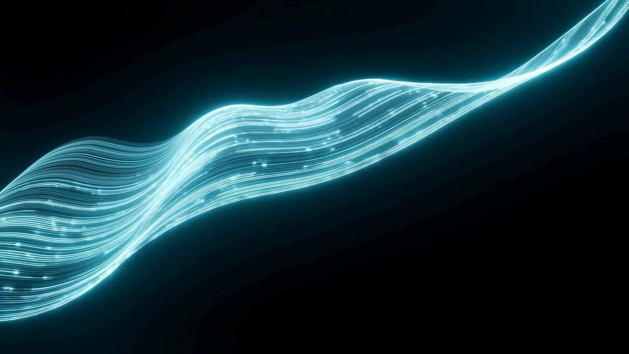 A translucent, wavy cyan ribbon of layered luminous strands flows diagonally from lower left to upper right against a pitch-black backdrop. The band features