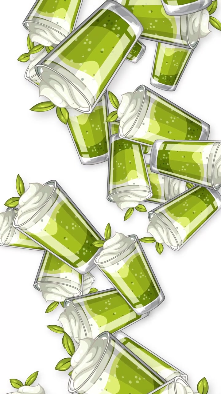 Animated green matcha smoothies with whipped cream fall vertically against a clean white background.