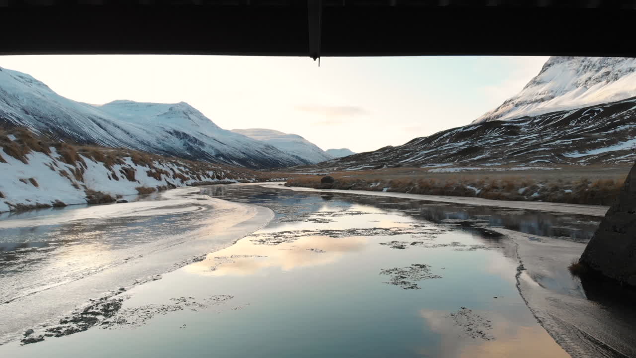 Winter Landscape in Iceland: Serene River and Snow-Covered Mountains