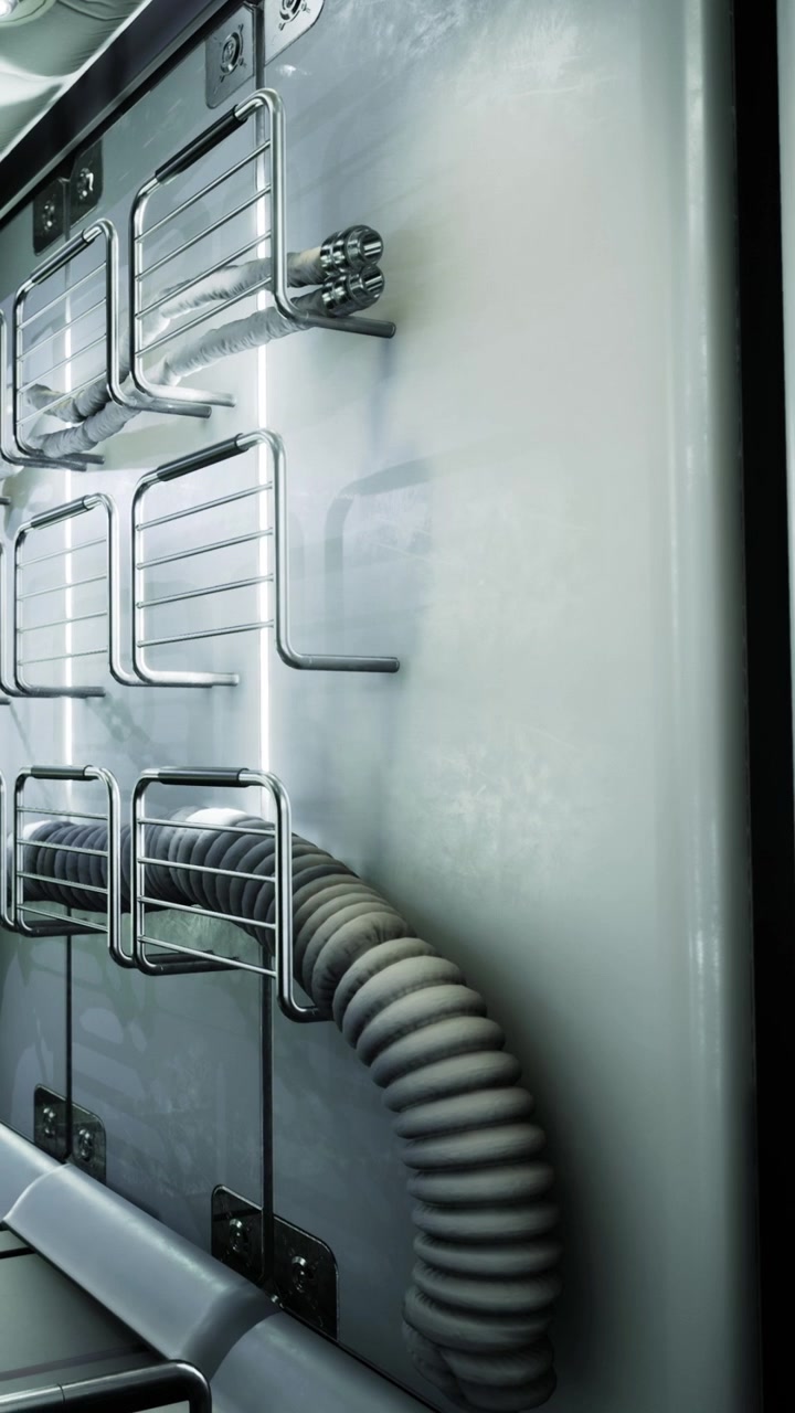 Detailed view of equipment mounted on wall with pipes and metal racks