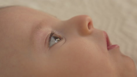 baby close up, looking curious laying on his back in white bed sheets