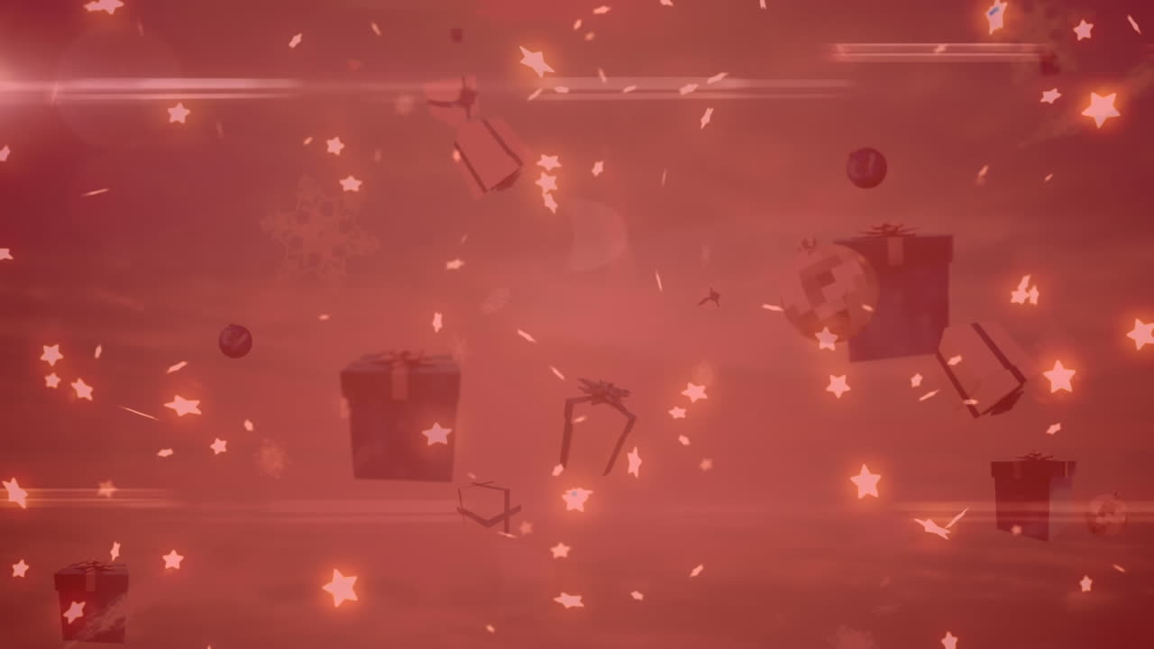 ⁇ 은 필터로 배경에 떨어지는 크리스마스 선물, 공 및 별의 애니메이션