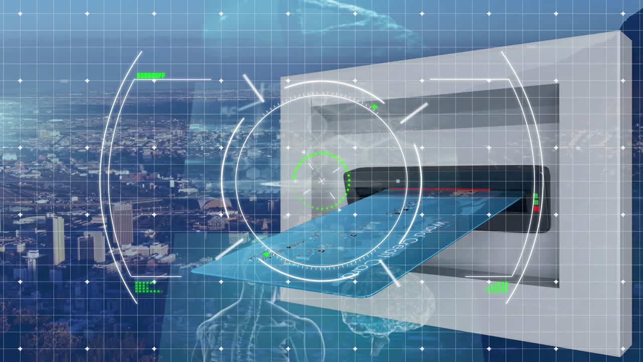 신용카드 및 시티스케이프를 통해 데이터 처리의 애니메이션.