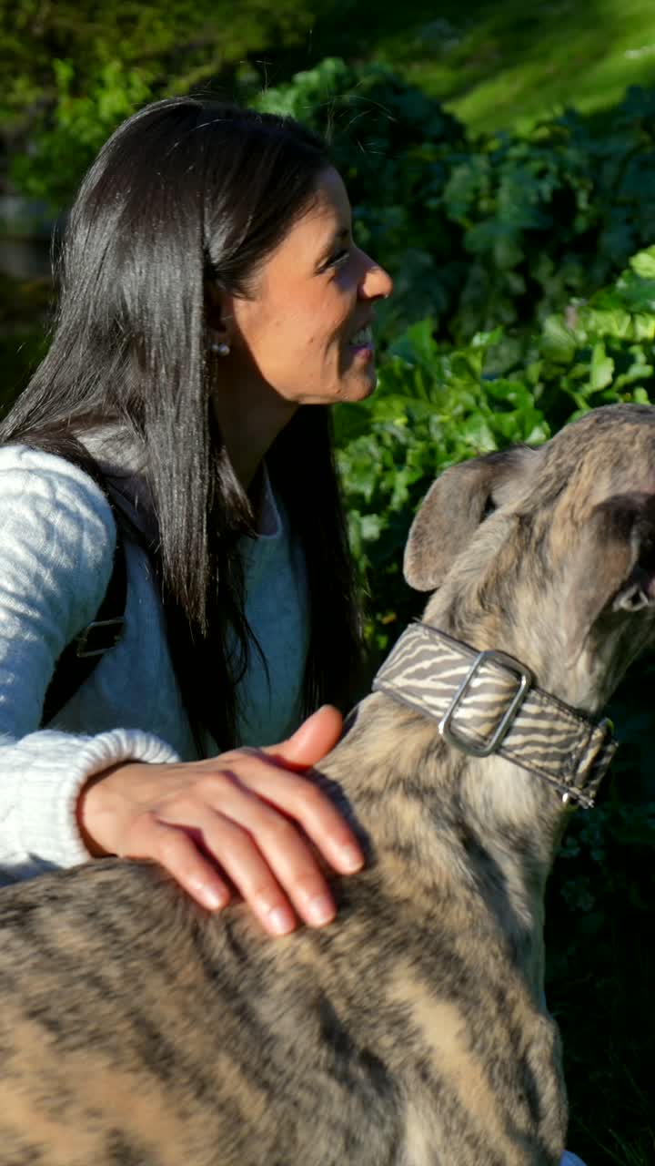 Mulher Feliz Acariciando Seu Cachorro em um Parque Ensolarado