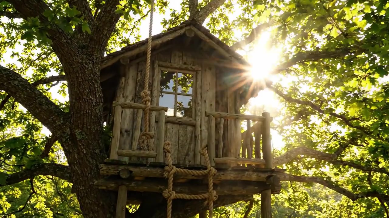Una splendida casa sull'albero immersa nella natura, bagnata dalla luce dorata del sole, che mostra un fascino rustico e serenità tra un lussureggiante fogliame verde e il calore di una bella giornata.