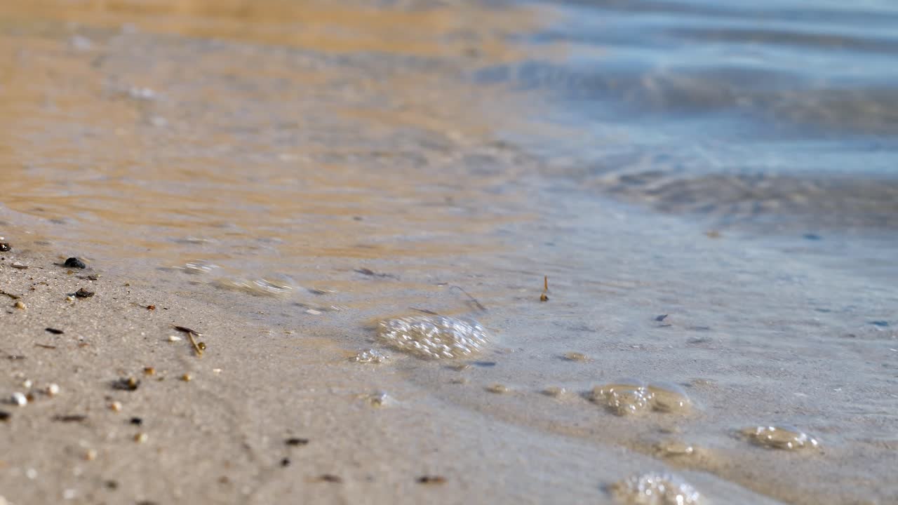화창한 날 강의 모래 사장에 작은 파도