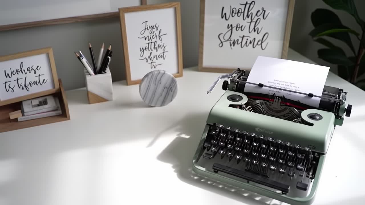 Aesthetic Vintage Typewriter on a Modern Desk Surrounded by Stylish Decor and Inspirational Quotes, Perfect for Creative Writing and Office Spaces