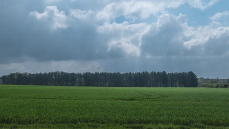 Wunderschöner-Zeitraffer-Von-Wolken-über-Grünen-Feldern