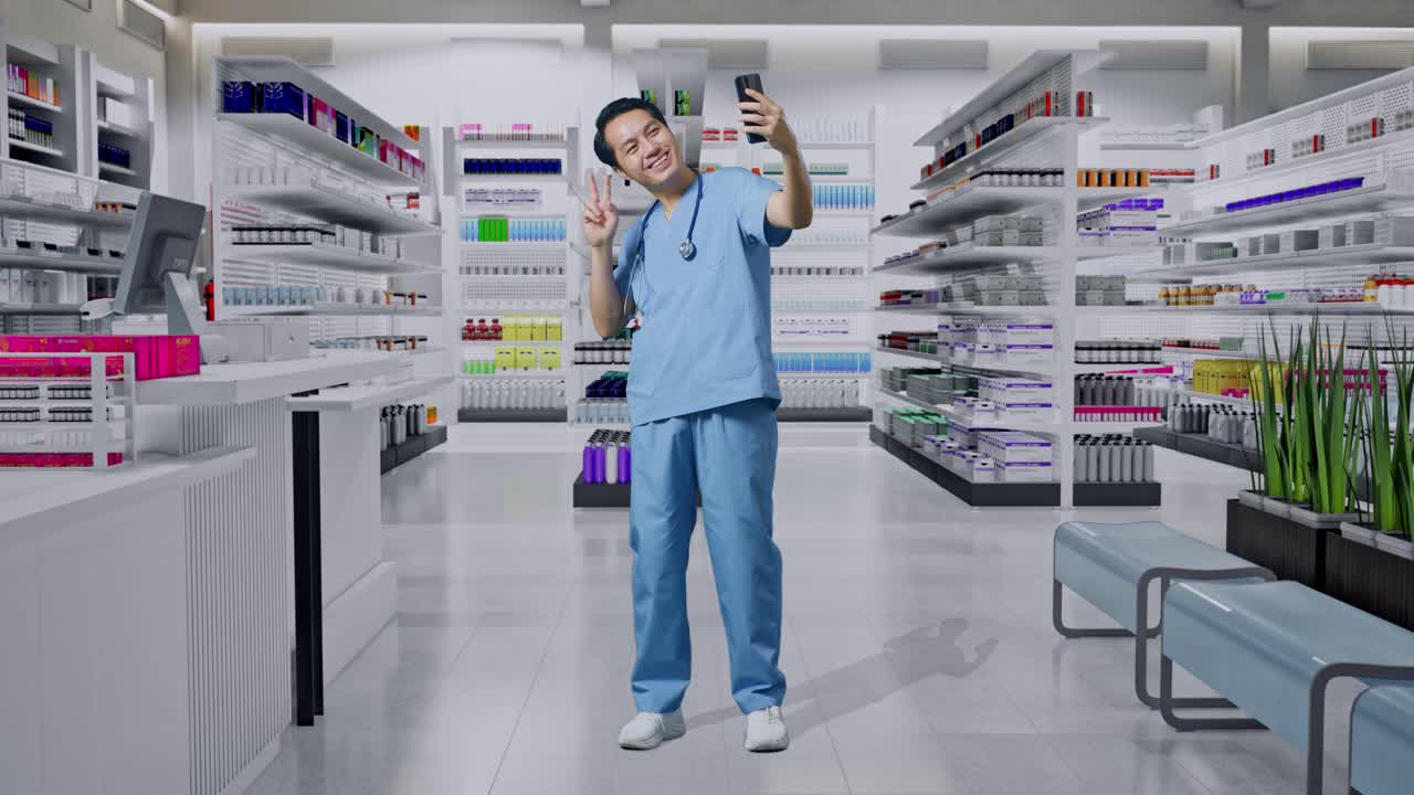 현대 의약품 가게 에서 셀피 를 찍는 약사