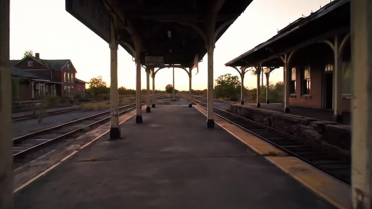 An empty train station comes to life as the sun sets, highlighting the faded architecture and nostalgic ambiance. Trains no longer come, but the atmosphere retains its charm.