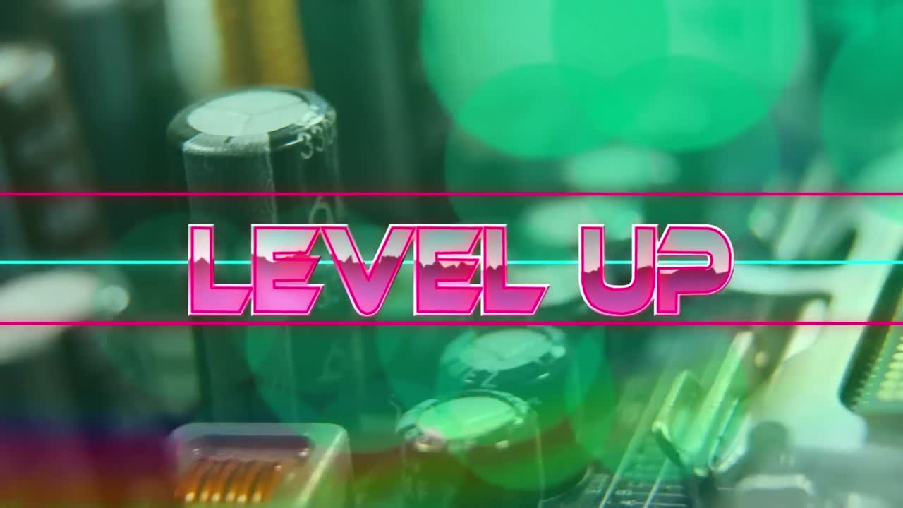 texto de nivel en banner de neón contra el acercamiento de las conexiones de microprocesador en la placa base