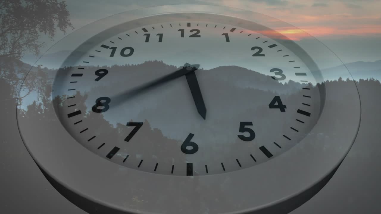 Clock hands rotating clockwise on frame start, layered ridges brightening, showing passing time