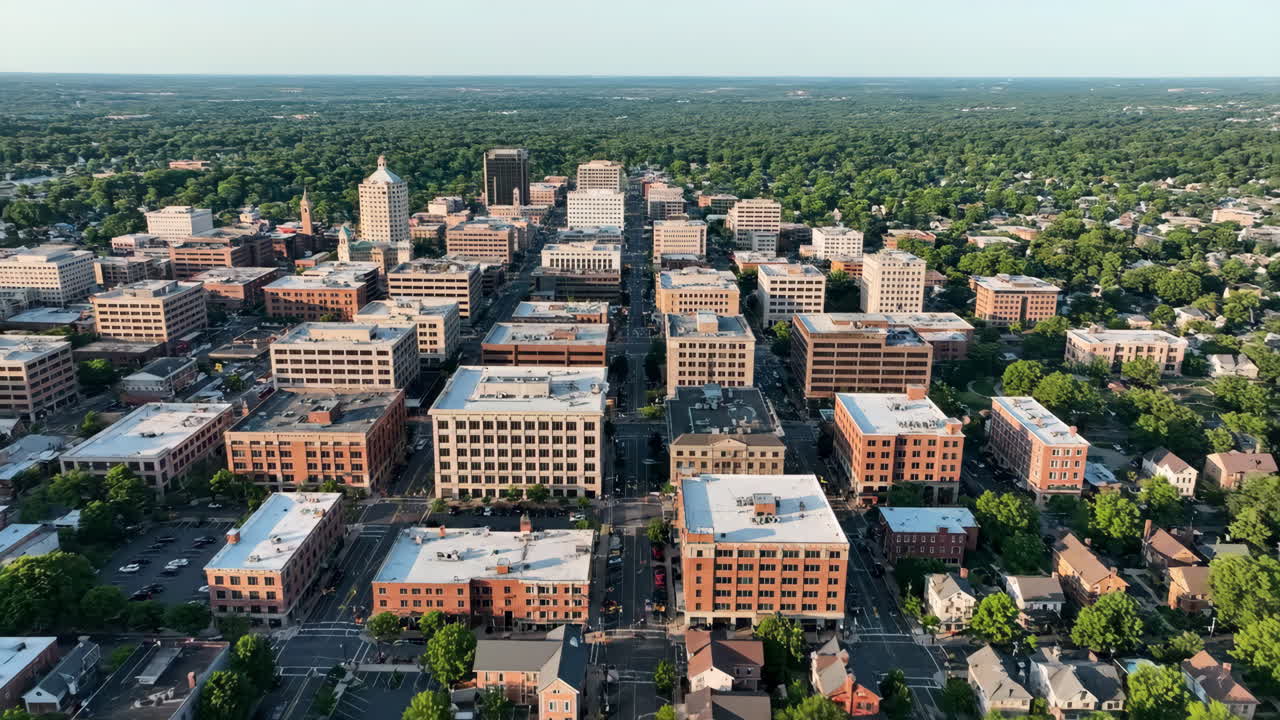 Aerial view of a city with numerous buildings surrounded by green trees