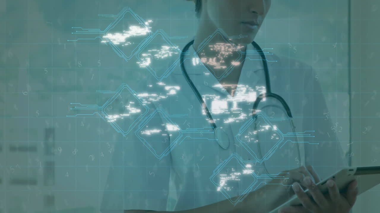 태블릿을 사용하는 의료 전문가와 의료 기술 아이콘 애니메이션