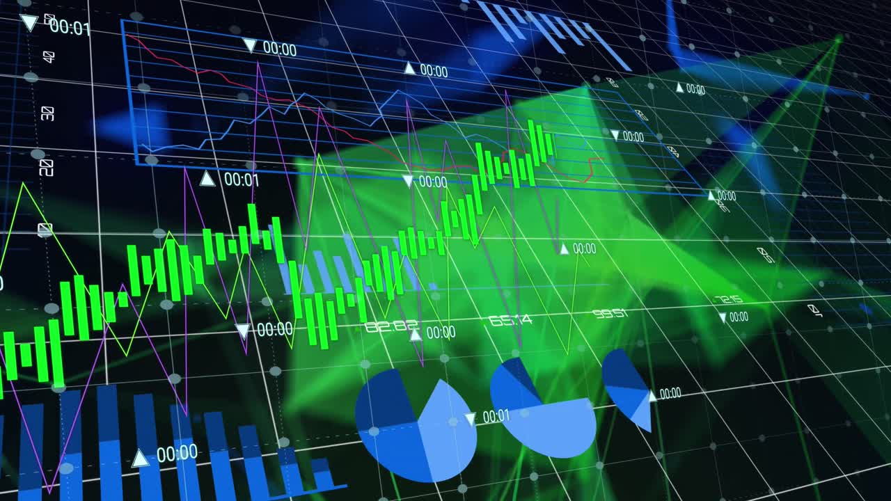 검은색 배경의 모양 위에 금융 데이터 처리 애니메이션