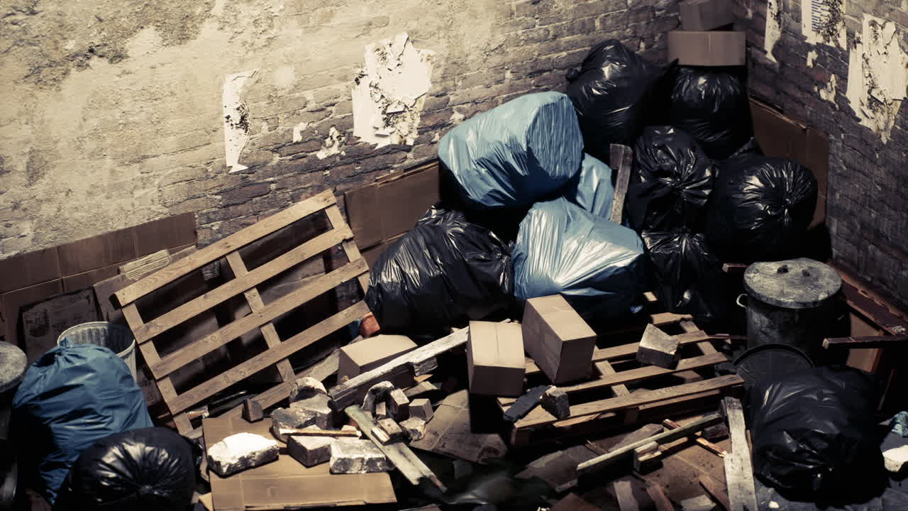 Overflowing trash in an abandoned space with scattered debris and pallets