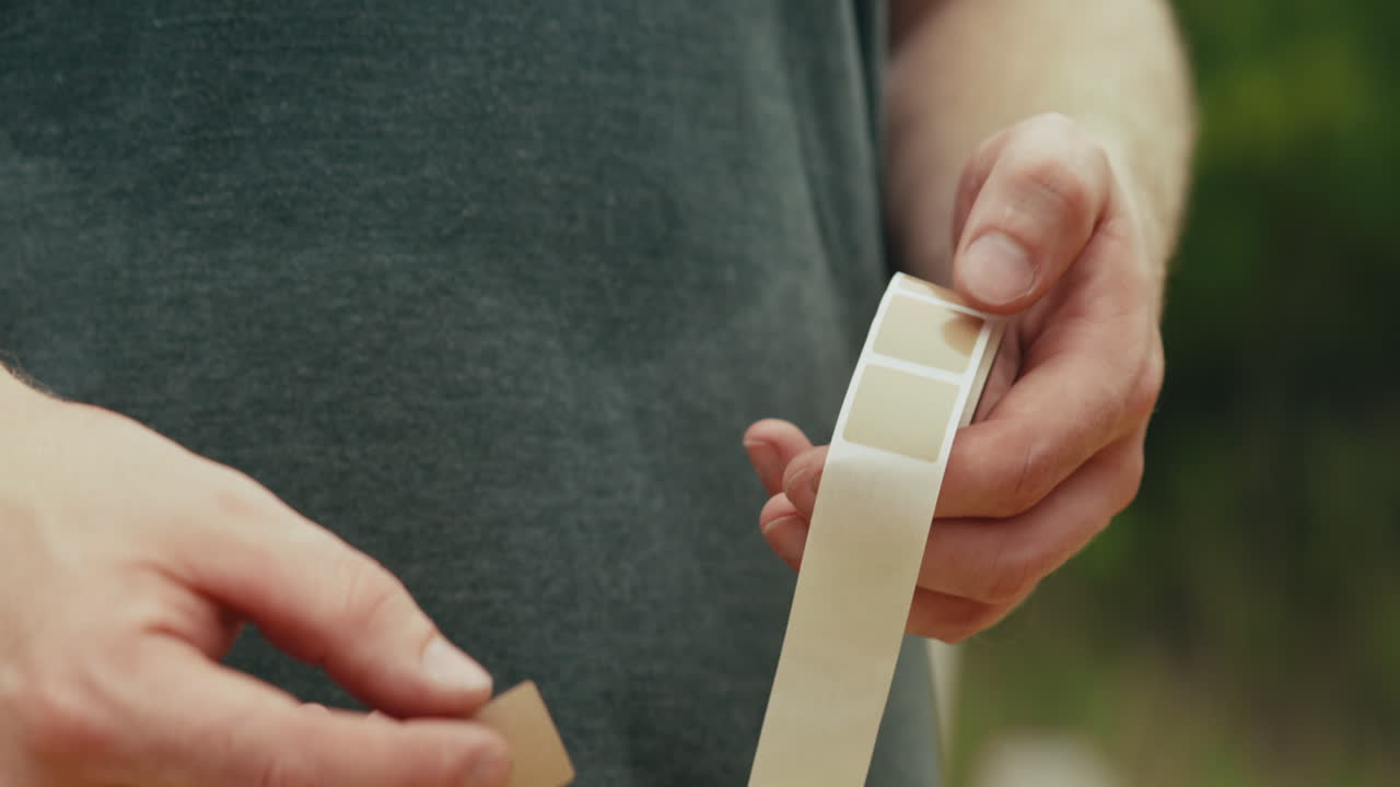 Hands holding a roll of adhesive labels