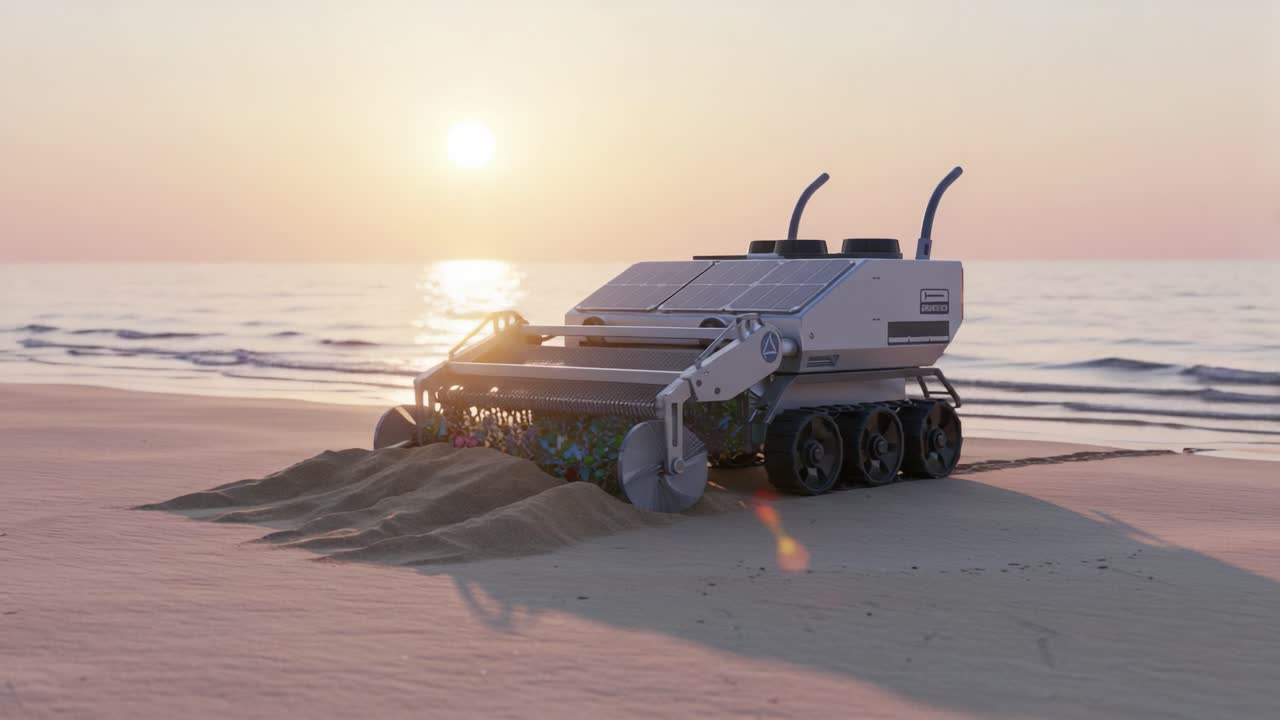 Autonomous Sand-Clearing Robot Working at Sunset on a Beach, Showcasing Advanced Robotics for Efficient Cleanup and Environmental Management