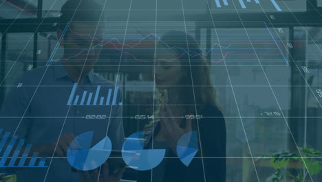 business people discussing data with financial charts animation overlaid