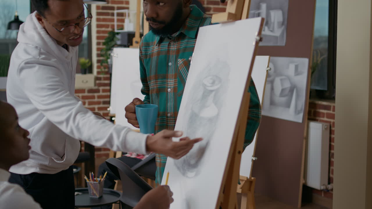 African american people drawing vase sketch in art class