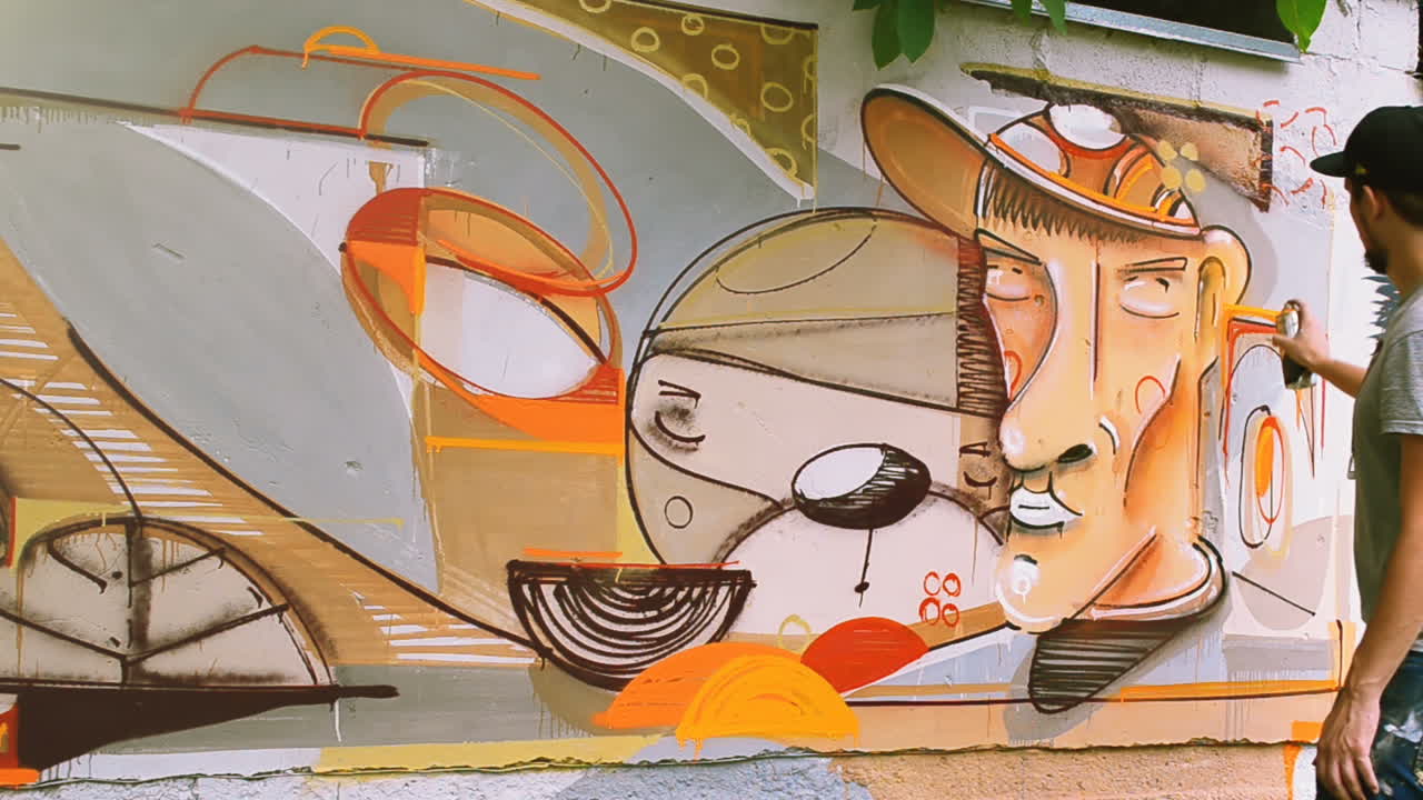 L'artista disegna graffiti su una recinzione. Disegno astratto