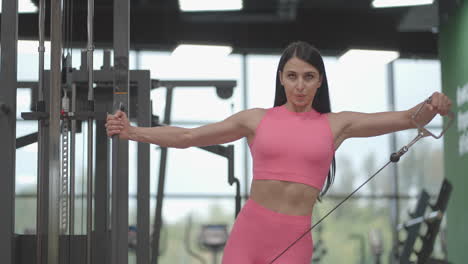 una mujer joven en un crossover levanta los brazos del hombro en un traje rosa. ejercicios para entrenar los brazos y los hombros