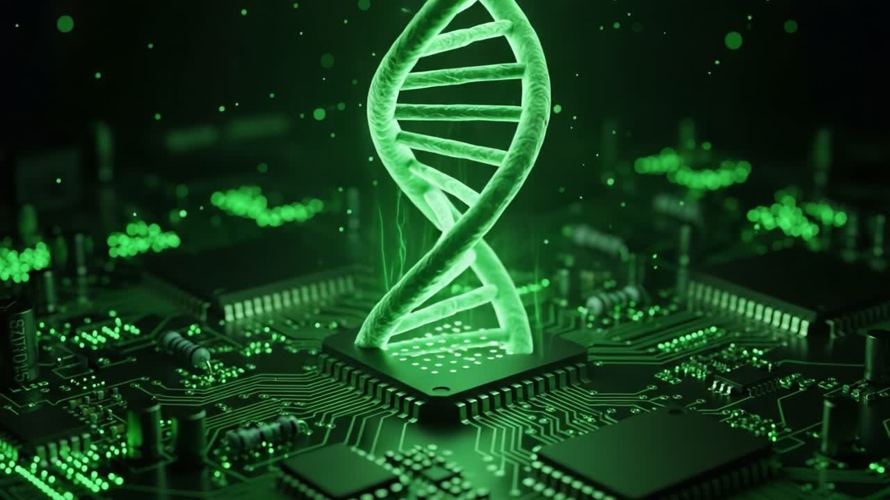 A Futuristic Vision of Biotechnology: A Green DNA Helix Emerging from a Circuit Board, Symbolizing the Intersection of Genetics and Technology