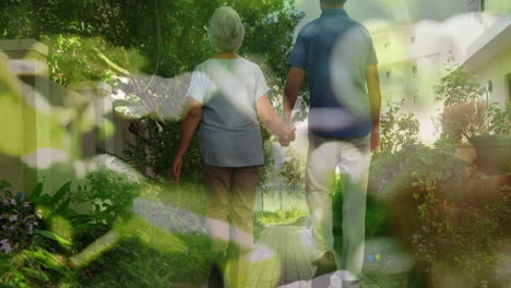 composite video of close up of leaves against senior couple holding hands walking in the garden