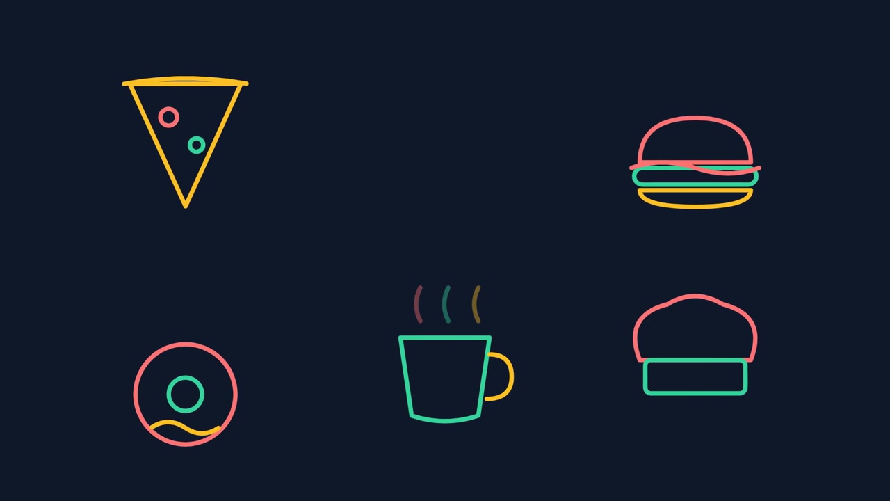 Ícones Animados de Arte de Linha Neon de Fast Food e Bebidas