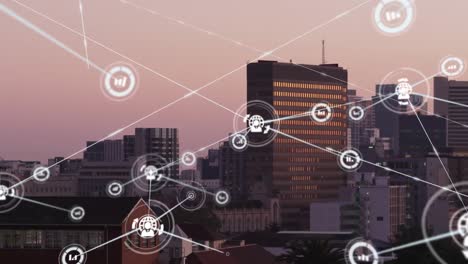 animación de la red de conexiones con iconos sobre el paisaje urbano