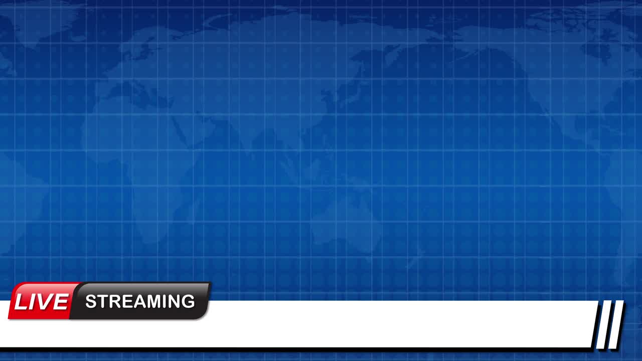 Blue grid background with world map, live streaming banner, and smooth transitions create a professional news broadcast atmosphere