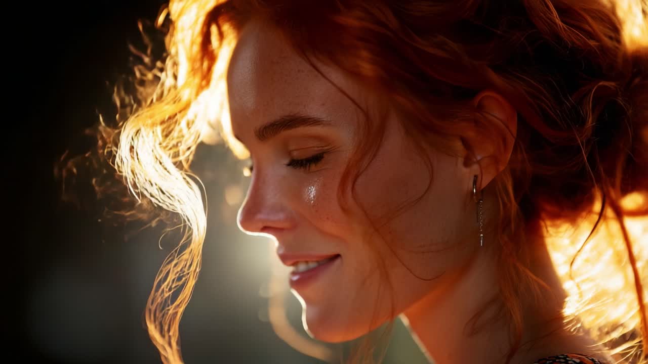 Illuminated Portrait of a Woman with Fiery Red Hair and Playful Expression, Captured in Soft Backlight Highlighting Her Features and Beautiful Curly Locks